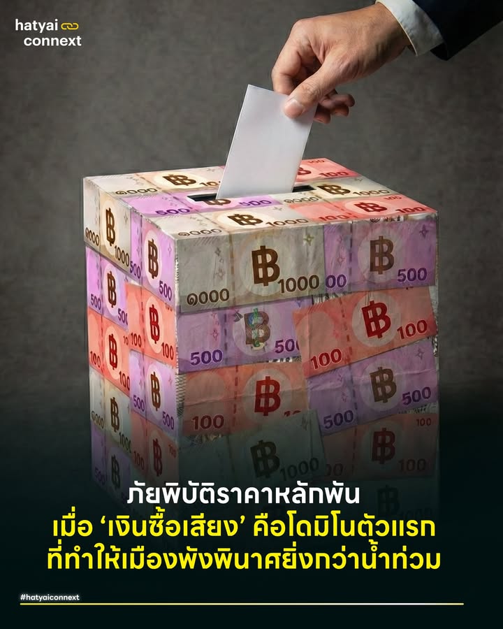 ภัยพิบัติราคา 'หลักพัน' เมื่อ ‘เงินซื้อเสียง’ คือโดมิโนตัวแรก ที่ทำให้เมืองพังพินาศยิ่งกว่าน้ำท่วม . เรามักคุยกันเรื่องภัยธรรมชาติ สภาพอากาศแปรปรวน หรือผังเมืองที่ล้าหลังว่าเป็นสาเหตุที่ทำให้หาดใหญ่ต้องเผชิญกับวิกฤตซ้ำซาก แต่มีอีกหนึ่ง ‘ภัยพิบัติ’ ที่เราอาจมองข้ามไป ทั้งที่มันคือต้นตอของความพังพินาศในเชิงโครงสร้าง และเป็นตัวเร่งปฏิกิริยาให้เมืองเปราะบางจนรับมือกับอะไรไม่ได้ นั่นคือมหันตภัยเงียบที่มาในรูปแบบของ ‘ธนบัตรใบสีม่วงหรือสีเทา’ . ในช่วงฤดูกาลเลือกตั้ง ชวนมาถอดสมการความคุ้มค่า และพาไปดูบทเรียนว่า การแลกอนาคตกับเศษเงินเพียงชั่วข้ามคืน สามารถเปลี่ยนเมืองให้กลายเป็น ‘เมืองที่ล้มเหลว’ หรือ ‘เมืองต้นแบบโลก’ ได้อย่างไร . #เงินหลักพันแลกกับคุณภาพชีวิต4ปี . ลองมานั่งบวกลบกันดูเล่นๆ ด้วยตรรกะทางเศรษฐศาสตร์แบบไม่อิงศีลธรรม สมมติว่าเรารับเงินซื้อเสียงมา 1,000 แลกกับการกาบัตรเลือกใครสักคนเข้าไปบริหารเมืองเป็นเวลา 4 ปี (หรือ 1,460 วัน) เมื่อนำมาหารเฉลี่ยแล้ว มูลค่าของสิทธิ์เสียงเราจะตกอยู่เพียง ‘วันละ 0.68 บ.’ หรือไม่ถึงหนึ่งหน่วยค่าเงินด้วยซ้ำ คำถามคือ เศษเงินไม่ถึงหนึ่งหน่วยนี้คุ้มไหมกับการที่เราต้องแลกด้วยความเสี่ยงที่จะต้องขับรถตกหลุมบ่อทุกวัน ต้องทนดมกลิ่นขยะที่จัดเก็บไม่ทัน หรือต้องผวาตื่นกลางดึกทุกครั้งที่ฝนตกหนักเพราะกลัวน้ำท่วม? เงินจำนวนนี้ไม่ใช่ ‘รายได้’ แต่มันคือ ‘เงินมัดจำความหายนะ’ ที่เราต้องทยอยผ่อนจ่ายคืนด้วยคุณภาพชีวิตที่ย่ำแย่วนไป . #เมื่อการเมืองคือการลงทุนถอนทุนคืนจึงเป็นเรื่องปกติ . สิ่งที่น่ากลัวกว่าตัวเลขขาดทุน คือกลไกการทำงานของมัน ในทางธุรกิจไม่มีใครยอมขาดทุน นักการเมืองที่ทุ่มเงินหลายสิบล้านเพื่อซื้อเสียง ไม่ได้เข้ามาเพื่อรับเงินเดือนหลักแสน แต่เขาเข้ามาเพื่อ ‘ถอนทุนคืน’ พร้อมกำไร และแหล่งเงินเดียวที่จะถอนคืนได้ก็คือ ‘งบประมาณแผ่นดิน’ ที่ควรจะถูกนำมาสร้างท่อระบายน้ำที่ได้มาตรฐาน สร้างถนนที่แข็งแรง หรือพัฒนาระบบเตือนภัยอัจฉริยะ เมื่อเม็ดเงินก้อนนี้ถูกหักหัวคิวเพื่อไปโปะบัญชีที่จ่ายค่าซื้อเสียงไป สิ่งที่เราได้กลับมาจึงเป็นถนนลาดยางบางๆ ที่ใช้ไม่กี่เดือนก็พัง ท่อระบายน้ำที่อุดตันง่ายเพราะการก่อสร้างผิดสเปก หรือโครงการขุดลอกคลองทิพย์ที่มีแต่ป้าย นี่คือเหตุผลที่ว่าทำไม ‘เงินซื้อเสียง’ ถึงกลายร่างเป็น ‘น้ำท่วม’ ได้ในที่สุด เพราะโครงสร้างพื้นฐานที่ควรจะปกป้องเรา ถูกกัดกินจนกลวงเปล่าไปตั้งแต่วันที่เราเดินเข้าคูหา . #บทเรียนจากความล้มเหลวฟิลิปปินส์กับวงจรปัญหาซ้ำซาก . เพื่อให้เห็นภาพชัดเจนขึ้น ลองดูเพื่อนบ้านอย่าง ‘ฟิลิปปินส์’ ซึ่งเป็นกรณีศึกษาคลาสสิกเรื่องการเมืองแบบอุปถัมภ์ (Clientelism) ในอดีตฟิลิปปินส์ประสบปัญหาการซื้อเสียงที่รุนแรงมาก นักการเมืองท้องถิ่นใช้วิธีแจกเงินเพื่อแลกคะแนน ผลลัพธ์ที่ตามมาคือการทุจริตในโครงการก่อสร้างสาธารณูปโภคอย่างมโหฬาร เมื่อพายุไต้ฝุ่นพัดถล่ม (ซึ่งฟิลิปปินส์โดนประจำและหนักหน่วง) ถนนหนทางและเขื่อนป้องกันตลิ่งที่สร้างไว้แบบ ‘ลดสเปก’ ก็พังทลายลงอย่างง่ายดาย ส่งผลให้ประชาชนผู้รับเงินแจกเหล่านั้น ต้องสูญเสียบ้านและทรัพย์สินมูลค่ามหาศาล ยิ่งจนลงก็ยิ่งต้องรอรับเงินแจกใหม่ วนเวียนเป็นวงจรปัญหาที่ไม่จบสิ้น . #เลือกถูกคนเปลี่ยนเมืองได้จริง . แต่ถ้าเราเลือกที่จะปฏิเสธเงิน แล้วเลือกที่ ‘การลงมือทำ’ เมืองจะเปลี่ยนไปได้ขนาดไหน? ต้องข้ามทวีปไปดูที่ ‘กูรีตีบา’ (Curitiba) ประเทศบราซิล ในอดีตเมืองนี้คือกองขยะที่มีปัญหาน้ำท่วมซ้ำซากไม่ต่างจากเรา แต่จุดเปลี่ยนเกิดขึ้นเมื่อชาวเมืองเลือก ‘ไจเม เลอร์เนอร์ - Jaime Lerner’ สถาปนิกผู้มีวิสัยทัศน์เข้ามาเป็นนายกเทศมนตรี สิ่งที่เขาทำไม่ใช่แค่การรู้วิธีแก้ปัญหา แต่คือการลงมือทำ ด้วยงบประมาณจำกัด แทนที่จะสร้างเขื่อนคอนกรีตมหาศาลเพื่อกินหัวคิว เขาเปลี่ยนพื้นที่ริมแม่น้ำให้เป็น ‘สวนสาธารณะแก้มลิง’ เพื่อรองรับน้ำหลาก ซึ่งใช้งบน้อยกว่าและทำได้เลย . อีกผลงานมาสเตอร์พีซคือการสร้างระบบ BRT (Bus Rapid Transit) หรือระบบรถเมล์ด่วนพิเศษวิ่งในเลนเฉพาะ จริงอยู่ที่กรุงเทพฯ บ้านเราก็มีระบบนี้ แต่ความต่างอยู่ที่กูรีตีบา ‘ทำถึง’ และ ‘ทำจริง’ จนกลายเป็นระบบขนส่งมวลชนที่ทรงประสิทธิภาพเหมือนรถไฟฟ้าใต้ดินแต่ลงทุนน้อยกว่ามหาศาล กลายเป็นต้นแบบให้ทั่วโลก ทั้งหมดนี้เกิดขึ้นได้เพราะงบประมาณ ‘ทุกเม็ดเงิน’ ถูกใช้ไปกับ ‘การลงมือทำ’ ไม่ใช่ ‘ค่าหัวคะแนน’ และผู้นำไม่ต้องมัวพะวงกับการหาเงินมาใช้หนี้ที่กู้มาซื้อเสียง นี่คือหลักฐานที่ชัดเจนที่สุดว่า การรู้ปัญหาใครๆ ก็รู้ แต่คนที่พร้อมลงมือแก้ปัญหาได้จริงๆ คือคนที่มือสะอาดและไม่มีพันธะทางการเมือง . ปรากฏการณ์ทั้งหมดนี้สะท้อนให้เห็นว่า ภัยพิบัติทางธรรมชาติเราอาจห้ามไม่ได้ แต่ ‘ภัยพิบัติจากการบริหาร’ เราหยุดมันได้ การรับเงินซื้อเสียงจึงไม่ใช่แค่เรื่องของความดีความชั่ว แต่เป็นเรื่องของความอยู่รอด ปากกาด้ามเดียวในคูหาเลือกตั้งมีอานุภาพทำลายล้างวงจรอุบาทว์นี้ได้ หากเราเลือกที่จะ ‘ไม่ขาย’ โดมิโนตัวแรกแห่งหายนะก็จะไม่ล้มลง และโครงสร้างพื้นฐานที่แข็งแรงเหมือนกูรีตีบา ก็จะเกิดขึ้นได้ในเมืองของเราเสียที . อ้างอิง: Allen Hicken. Clientelism and vote buying in the Philippines. Hugh Schwartz. Urban Planning in Curitiba. __ #HatyaiConnext #CurioCity #HeartYaiComeback #HugHeartYai #ภัยพิบัติ #น้ำท่วมหาดใหญ่ #หาดใหญ่ #เลือกตั้ง69hatyaiconnext