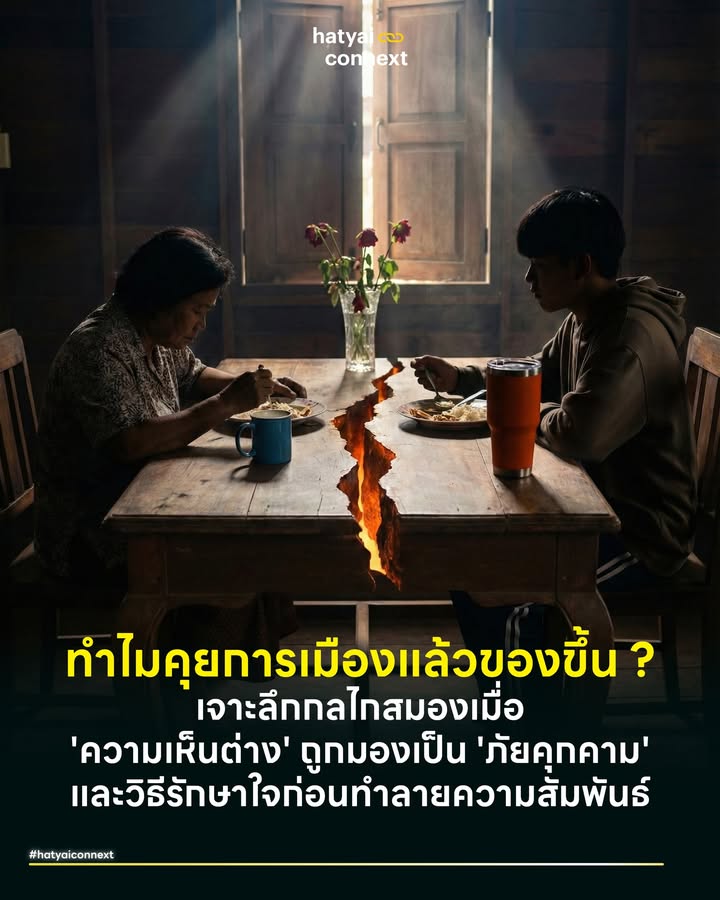ทำไมคุยการเมืองแล้วของขึ้น? เจาะลึกกลไกสมองเมื่อ 'ความเห็นต่าง' ถูกมองเป็น 'ภัยคุกคาม' และวิธีรักษาใจก่อนทำลายความสัมพันธ์ . เคยสงสัยไหม? ทั้งที่คุยเรื่องงาน เรื่องบอล หรือเรื่องดารา เราคุยกันด้วยเหตุผลได้ แต่ทำไมพอแตะเรื่อง 'การเมือง' ปุ๊บ แล้วมันเดือดจัด เส้นเลือดเต้นตุบๆ จนแทบมองหน้าคนในครอบครัวหรือคนรู้จักไม่ติด มันไม่ใช่เพราะคุณเป็นคนก้าวร้าว แลเขาก็ไม่ใช่คนไม่มีเหตุผล แต่มีกลไกบางอย่างในสมองกำลังทำงานผิดพลาด เหมือนกับตอนที่คุณเชียร์กีฬานัดชิง เกิดอะไรขึ้นในหัวเราตอนเถียงการเมือง และจะดึงสติกลับมายังไงก่อนที่ความสัมพันธ์จะพัง . #สมองทำงานยังไงเมื่อความเห็นต่างกลายเป็นภัยคุกคาม มีงานวิจัยจาก USC (University of Southern California) จับคนเข้าเครื่องสแกนสมอง (fMRI) แล้วพูดจาโจมตีความเชื่อทางการเมืองของพวกเขา ผลลัพธ์ชัดจนน่าใจหาย เพราะสมองส่วน Amygdala (อมิกดาลา) ซึ่งทำหน้าที่ตอบสนองต่อความกลัวและภัยคุกคาม จะทำงานอย่างรุนแรง เหมือนกับตอนที่คุณเจอกับหมาดุๆ หรือกำลังจะโดนทำร้ายร่างกาย . ในขณะที่สมองส่วนเหตุผล (Prefrontal Cortex) จะทำงานลดลง นั่นแปลว่า สมองของเราไม่ได้มองว่า 'ความเห็นต่างทางการเมือง' เป็นแค่ข้อมูลชุดใหม่ แต่มองว่ามันคือ 'การโจมตีตัวตน' สมองจึงสั่งการให้เราสู้เพื่อปกป้องตัวตนนั้น อาการใจสั่น หน้าแดง เสียงดัง หัวร้อน จึงเกิดขึ้นอัตโนมัติ เพราะสมองคิดว่าคุณกำลังตกอยู่ในอันตรายจริงๆ . #การเมืองกับกีฬาเหมือนกันมากกว่าที่คุณคิด คำถามที่น่าสนใจคือ ให้มองการเมืองเป็นเกมกีฬาได้ไหม? คำตอบคือ 'ได้' ในแง่ของจิตวิทยา เพราะมนุษย์มีสัญชาตญาณดิบที่เรียกว่า Tribalism (สัญชาตญาณชนเผ่า) เมื่อเราเลือกข้าง เชียร์พรรค หรือชอบอุดมการณ์ไหน เราจะเอาตัวเองไปผูกโยงเป็น 'พวกเรา' และมองอีกฝั่งเป็น 'พวกเขา' ทันที . เหมือนเวลาเราเชียร์บอลทีมรักแพ้ หรือโดนกรรมการตัดสินค้านสายตา เราจะโกรธแค้นราวกับโดนกระทำเอง ทั้งที่จริงๆ เราเป็นแค่ผู้ชมท่านนึง การเมืองก็เช่นกัน มันคือเรื่องจริงจังที่เดิมพันด้วยค่านิยม ความเชื่อ และคุณภาพชีวิต แต่กับดักคือเรามักเผลอเอา 'ความสัมพันธ์ลงไปเล่น’ ไปวางเป็นเดิมพันกับมันด้วย . #สมรภูมิโซเชียลเมื่อนิ้วเร็วกว่าใจ ปัญหานี้ทวีความรุนแรงขึ้นเมื่ออยู่บนโลกออนไลน์ ปรากฏการณ์นี้ทางจิตวิทยาเรียกว่า Online Dis-inhibition Effect หรือภาวะที่คนเรารู้สึก 'กล้า' และ 'ยับยั้งชั่งใจน้อยลง' เมื่ออยู่หลังจอภาพ เพราะเรามองไม่เห็นความเป็นมนุษย์ของอีกฝ่าย เห็นเพียงรูปโปรไฟล์หรือตัวหนังสือ ทำให้ความเห็นอกเห็นใจหายไป เราจึงกล้าพิมพ์ถ้อยคำรุนแรงในระดับที่ไม่มีวันกล้าพูดต่อหน้า วินาทีที่ข้อความโจมตีด้วยโทสะหลุดจากปลายนิ้วแล้วกดส่งออกไป สำหรับผู้โพสต์มันอาจคือความสะใจชั่ววูบที่จบแล้ว . แต่ในความเป็นจริง มันคือการปล่อยสารพิษดิจิทัลที่ไม่มีวันสลายตัวเข้าสู่ระบบ ซึ่งส่งผลกระทบที่น่ากลัวคือการทำให้ความรุนแรงและการใช้ภาษาลดทอนความเป็นมนุษย์ กลายเป็น 'เรื่องปกติ' (Normalization) ที่ใครๆ ก็ทำกัน จนสังคมเกิดความหวาดระแวง ไม่กล้าแสดงความเห็นต่าง และสุดท้ายความเกลียดชังจากออนไลน์ก็จะไหลออกมาสู่โลกความจริง ทำให้คนมีความอดทนต่อกันน้อยลง . #เส้นแบ่งของความสัมพันธ์และวิธีดึงสติก่อนสายเกินไป เส้นแบ่งที่สำคัญที่สุดคือ 'การเคารพความเป็นมนุษย์' เมื่อไหร่ที่คุณเริ่มมองอีกฝ่ายว่า โง่ ดักดาน หรือไม่ใช่คน นี่คือสัญญาณอันตรายว่าอารมณ์ได้เข้าครอบงำเหตุผลแล้ว ทางออกคือต้องเริ่มจากการแยก 'ความคิด' ออกจาก 'ตัวตน' . ท่องไว้ว่าความคิดเห็นทางการเมืองของเขาคือสิ่งที่เขาเชื่อ ไม่ใช่สิ่งที่เขาเป็นทั้งหมด พ่อยังคงเป็นพ่อที่รักเรา เพื่อนยังคงเป็นเพื่อนที่เคยช่วยเหลือเรา แค่ชุดข้อมูลเรื่องนี้เราไม่ตรงกัน จากนั้นให้ใช้ความสงสัยแทนการตัดสิน แทนที่จะสวนกลับ ให้ลองถามว่าทำไมถึงมองมุมนั้น มีประสบการณ์อะไรหรือเปล่า การถามหาที่มาของความเชื่อมักจะทำให้บรรยากาศเย็นลงกว่าการเถียงที่ปลายเหตุ และสุดท้ายต้องรู้จักยอมรับที่จะเห็นต่าง Agree to Disagree ซึ่งเป็นทักษะขั้นสูงของประชาธิปไตยคือการยอมรับว่าเราไม่จำเป็นต้องจบบทสนทนาด้วยความเห็นที่ตรงกัน . #บทสรุปการเมืองเปลี่ยนได้แต่พี่น้องเปลี่ยนไม่ได้ สุดท้ายแล้ว การเมืองคือเรื่องของการจัดสรรทรัพยากรและอุดมการณ์ ซึ่งเปลี่ยนแปลงได้ตลอดเวลาตามยุคสมัย แต่ 'ความสัมพันธ์' คือทรัพยากรที่มีค่าที่สุดในชีวิตจริง เราสามารถจริงจังกับการเมืองได้ แต่อย่าเอามันมาทำลายคนรอบข้าง เพราะในวันที่เราป่วยหรือวันที่เราต้องการกำลังใจ คนที่ยื่นมือมาจับเราคนแรก อาจจะเป็นคนละสีเสื้อกับที่เราเถียงกันแทบตายเมื่อวานก็ได้ . อ้างอิง - Kaplan, J. T., et al. (2016). Neural correlates of maintaining one's political beliefs in the face of counterevidence. Scientific Reports. - Suler, J. (2004). The Online Disinhibition Effect. CyberPsychology & Behavior. - Haidt, J. (2012). The Righteous Mind: Why Good People Are Divided by Politics and Religion. - Greene, J. (2013). Moral Tribes: Emotion, Reason, and the Gap Between Us and Them. __ #HeartYaiComeback #HugHeartYai #CurioCity #HatyaiConnext #หาดใหญ่ #การเมือง #เลือกตั้ง69 #จิตวิทยา #การทำงานของสมอง #neurosciencehatyaiconnext