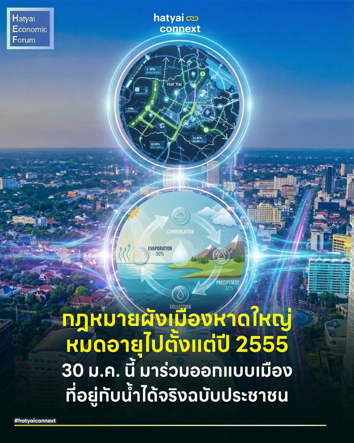 รู้หรือไม่ ? กฎหมายผังเมืองหาดใหญ่ หมดอายุไปตั้งแต่ปี 2555 . เคยสงสัยไหมว่า ทำไมหาดใหญ่ฝนตกไม่กี่ชั่วโมงน้ำก็เริ่มเอ่อ? ทำไมพื้นที่ที่ไม่เคยท่วมกลับท่วม? และทำไมงบประมาณแก้ปัญหาน้ำท่วมที่ลงไปมหาศาล ดูเหมือนจะไม่ช่วยอะไรเลยในระยะยาว? คำตอบอาจไม่ได้อยู่ที่ ปริมาณฝนเพียงอย่างเดียว แต่อยู่ที่กติกาของเมืองที่หายไปกว่า 14 ปี . #ความจริงที่น่าตกใจของคนหาดใหญ่ ความจริงที่หลายคนอาจไม่เคยรู้คือ กฎกระทรวงผังเมืองรวมเมืองหาดใหญ่ ได้หมดอายุบังคับใช้ลงอย่างสมบูรณ์ไปตั้งแต่วันที่ 5 มิถุนายน 2555 ทำให้ตลอดเวลาที่ผ่านมา เมืองหาดใหญ่ตกอยู่ในสภาวะสุญญากาศของผังเมืองเฉพาะพื้นที่ แม้ต่อมาจะมีผังเมืองรวมจังหวัดสงขลา พ.ศ. 2560 ออกมาใช้บังคับ แต่ก็เป็นเพียงภาพกว้างระดับจังหวัดที่ไม่สามารถลงรายละเอียดควบคุมการใช้ประโยชน์ที่ดินในระดับโซนย่อย หรือจัดการปัญหาน้ำท่วมและการขยายตัวของเมืองหาดใหญ่ได้ละเอียดเพียงพอ . เมื่อขาดกฎหมายกำกับที่ตรงจุด การพัฒนาอสังหาริมทรัพย์ การถมที่ดิน หรือการขยายเมืองตลอดทศวรรษที่ผ่านมา จึงเกิดขึ้นโดยขาดการมองภาพรวม ส่งผลให้สิ่งปลูกสร้างใหม่ๆ เข้าไปขวางทางน้ำโดยไม่รู้ตัว จากแก้มลิงธรรมชาติกลายเป็นคอนกรีต จากทางน้ำหลากกลายเป็นหมู่บ้าน ผลลัพธ์คือเมื่อน้ำไม่มีที่ไป มันจึงไหลเข้าบ้านเราแทน . #เมื่อการระบายน้ำไม่ใช่คำตอบสุดท้าย ที่ผ่านมา แนวทางการแก้ปัญหาของเรามักเน้นไปที่การเร่งระบายน้ำออกจากเมืองให้เร็วที่สุด ซึ่งเป็นการแก้ปัญหาที่ปลายเหตุและทำลายระบบนิเวศ ขาดการมองวงจรของน้ำในระดับลุ่มน้ำ ผลที่ได้คือน้ำท่วมหนักที่ปลายน้ำ และเกิดภัยแล้งซ้ำซากที่ต้นน้ำ เพราะเราไม่ได้เก็บกักน้ำไว้ใช้ตามวิถีธรรมชาต . ถึงเวลาแล้วที่พวกเราชาวสงขลา-หาดใหญ่ต้องเลิกฝากความหวังไว้กับกฎหมายภาพกว้างที่ไม่ทันสมัย แล้วลุกขึ้นมาออกแบบ ผังเมืองรวมเมืองหาดใหญ่ฉบับประชาชน ด้วยมือของคนในพื้นที่เอง เพราะไม่มีใครจะรู้ทางไหลของน้ำ รู้จุดต่ำสุดของซอย หรือรู้วิถีชีวิตของชุมชน ได้ดีไปกว่าพวกเราที่อยู่ที่นี่ทุกวัน . #ทางรอดเดียวคือผังเมืองฉบับประชาชน สภาเศรษฐกิจหาดใหญ่ร่วมกับภาคเครือข่าย จึงขอเปิดพื้นที่ระดมสมองครั้งสำคัญที่สุดช่วงต้นปี เพื่อจัดทำร่างผังเมืองฉบับประชาชนเพื่อแก้ปัญหาอุทกภัยอย่างบูรณาการ . ไม่ใช่การนั่งฟังเลกเชอร์ แต่คือการลงมือทำร่วมกับนักวิชาการที่จะมาช่วยแปลงเสียงของประชาชนให้เป็นหลักการวิชาการที่ถูกต้อง โดยในช่วงเช้าจะเป็นการสัมมนาวิชาการเพื่อเข้าใจภูมิอากาศ ภูมิประเทศ และวงจรน้ำ นำโดย ผศ.ดร.ทพ.ประกาศ สว่างโชติ (อดีตอาจารย์ภาควิชาชีววิทยา) และ ผศ.ดร.เจริญศักดิ์ แซ่ไว่ จากคณะวิทยาศาสตร์ ม.อ. . ร่วมกับทีมสถาปนิกและผู้เชี่ยวชาญด้านผังเมือง ได้แก่ อาจารย์มงคล ชนินทร สงขลา (อาจารย์พิเศษหลักสูตรสาขาวิชาการผังเมือง คณะสถาปัตยกรรมศาสตร์ มทร.ศรีวิชัย) อาจารย์ศุภกร อักษรสว่าง (กลุ่มสถาปนิกพัฒนาเมือง Songkhla Urban Lab) และ อาจารย์ธนิชา นิยมวัน (อาจารย์พิเศษภาควิชาการวางแผนภาคและเมือง คณะสถาปัตยกรรมศาสตร์ จุฬาลงกรณ์มหาวิทยาลัย) ดำเนินรายการโดย นายบัญชร วิเชียรศรี จากศูนย์กิจการนานาชาติและสื่อสารองค์กร ม.อ. . #วาระเปลี่ยนเมือง30มกราคมนี้ ช่วงบ่ายจะเป็นเวทีระดมความคิดเห็นและข้อเสนอแนะต่อร่างผังเมืองร่วมกัน ตรงไหนควรสงวน ตรงไหนควรพัฒนา ท่านสามารถใส่ข้อมูลจริงจากประสบการณ์ตรงลงไปเพื่อให้ผังเมืองนี้สมบูรณ์ที่สุด . และในช่วงเย็นเราจะเปิดเวทีรับฟังความคิดเห็นจากตัวแทนพรรคการเมืองที่จะมารับฟังเสียงสะท้อนจากคนในพื้นที่ เพื่อนำข้อเสนอเหล่านี้ไปผลักดันเป็นนโยบายระดับชาติต่อไป อย่าปล่อยให้คำว่าน้ำท่วมเป็นเรื่องของเวรกรรม แต่มันคือเรื่องของการกระทำที่เลือกเองได้ มาร่วมกันขีดเส้นอนาคตสงขลา-หาดใหญ่ ก่อนที่ภัยพิบัติครั้งหน้าจะมาถึง . สำหรับท่านใดที่ไม่สะดวกเดินทาง สามารถแสดงข้อเสนอใต้คอมเมนต์นี้ ข้อมูลของท่านจะถูกนำเข้าไปประกอบแผนร่างฉบับนี้ . 🗓 วันศุกร์ที่ 30 มกราคม 2569 ⏰ เวลา 08.30 – 16.30 น. 📍 ณ ห้อง 1402 ชั้น 14 อาคาร 1 ศูนย์ทรัพยากรการเรียนรู้ (อาคาร LRC) สถาบันนโยบายสาธารณะ มหาวิทยาลัยสงขลานครินทร์ 👉 ผู้สนใจลงทะเบียนผ่านฟอร์มใต้โพสต์นี้ 📞 หรือสอบถามข้อมูลเพิ่มเติมได้ที่โทร 081-2763107 __ #HatyaiConnext #CurioCity #HatyaiEconomicForum #ผังเมืองหาดใหญ่ #น้ำท่วมหาดใหญ่ #หาดใหญ่2026hatyaiconnext