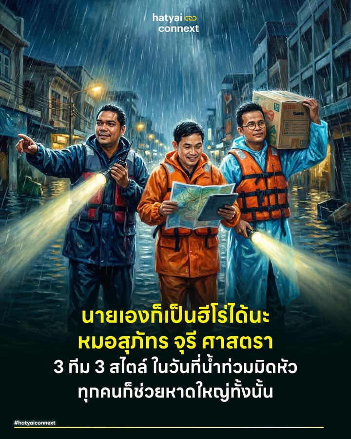 นายเองก็เป็นฮีโร่ได้นะ 'หมอสุภัทร จุรี ศาสตรา' 3 ทีม 3 สไตล์ ในวันที่น้ำท่วมมิดหัว ทุกคนก็ช่วยหาดใหญ่ทั้งนั้น . ในวิชาการจัดการภัยพิบัติหัวใจสำคัญไม่ใช่แค่ทรัพยากรที่มี แต่คือการจัดสรรทรัพยากรให้ถูกที่ถูกเวลา ท่ามกลางวิกฤตมหาอุทกภัยที่โถมใส่หาดใหญ่ เรากำลังได้เห็นปรากฏการณ์ที่น่าสนใจทางสังคม เมื่อ 3 ทีมผู้สมัคร แบ่งบทบาทหน้าที่กันอย่างชัดเจนตามความถนัด เพื่ออุดรอยรั่วของระบบช่วยเหลือให้ครอบคลุมที่สุด . #ทีมหมอสุภัทร หมอสุภัทร ฮาสุวรรณกิจ และ พรรคประชาชน สงขลา เลือกใช้จุดแข็งด้านการบริหารจัดการข้อมูลเข้ามาแก้ปัญหาความโกลาหลหน้างาน โดยเริ่มจากการเปิด ครัวกลาง ผลิตอาหารปรุงสุกส่งต่อผู้เดือดร้อนตั้งแต่วันที่ 21-24 พฤศจิกายน เพื่อเป็นเสบียงฉุกเฉินด่านแรก . แต่สิ่งที่ถือเป็นนวัตกรรมของวิกฤตครั้งนี้คือการทำงานของ ทีมอาสาพัฒนาเมือง ที่ระดมพลพัฒนาระบบ jitasacare เพื่อทำหน้าที่ Social Listening กวาดข้อมูลขอความช่วยเหลือกว่า 20,000 ข้อความจากแพลตฟอร์มต่างๆ มาจัดระเบียบโครงสร้างข้อมูลส่งต่อให้ทีมกู้ภัยเข้าถึงพิกัดได้แม่นยำและลดความซ้ำซ้อน . ในมิติสาธารณสุข ทีมยังได้ประสานงานร่วมกับ Flash Express ส่งมอบตู้คอนเทนเนอร์ควบคุมอุณหภูมิให้ รพ.สงขลานครินทร์ เพื่อเตรียมพร้อมรับมือภารกิจนิติเวช รวมถึงการเปิดเว็บไซต์ missing peoplesparty สำหรับติดตามคนหายและสัตว์เลี้ยง และเตรียมจับมือกับ มูลนิธิกระจกเงา เพื่อระดมอาสาล้างบ้านทันทีที่น้ำลด . #ทีมศาสตรา ขยับมาที่ ศาสตรา ศรีปาน จาก พรรคภูมิใจไทย ที่วางตำแหน่งตัวเองเป็นศูนย์กลางการประสานงาน โดยปักหลักเปิด ศูนย์ประสานงาน 24 ชั่วโมง ณ อาคารเรียนรวมฯ ม.อ. ต่อเนื่องกว่า 10 วัน เพื่อเป็นจุดรับบริจาคและกระจายความช่วยเหลือสู่พื้นที่ . ในฐานะฝ่ายนิติบัญญัติ สส.ศาสตรา มุ่งเน้นไปที่การแก้ปัญหาเชิงโครงสร้าง หลังน้ำลด โดยเตรียมหารือสภาฯ เพื่อ ปลดล็อกระเบียบราชการ ให้ชาวบ้านที่เอกสารสำคัญสูญหายไปกับสายน้ำ สามารถรับเงินเยียวยาได้ทันทีโดยไม่ต้องผ่านขั้นตอนที่ซับซ้อน และต้องครอบคลุมไปถึงกลุ่มคนเช่าบ้านที่มักตกสำรวจ . เสนอให้มีการ พักชำระดอกเบี้ย 1-2 ปี จากทั้งธนาคารรัฐและเอกชน เพื่อฟื้นฟูสภาพคล่องให้ SME และภาคธุรกิจในหาดใหญ่ พร้อมเรียกร้องให้รัฐบาลกล้าลงทุนงบประมาณก้อนใหญ่เพื่อแก้ปัญหาน้ำท่วมหาดใหญ่ให้จบสิ้นเสียที . #ทีมจุรี ทางด้าน จุรี นุ่มแก้ว จาก พรรคประชาธิปัตย์ เลือกที่จะทำหน้าที่เป็นผู้สื่อสารยามวิกฤต โดยส่งสัญญาณแจ้งเตือนภัยระดับตรงถึงนายกรัฐมนตรีผ่านสื่อว่า "นี่ไม่ใช่เรื่องระดับเทศบาล แต่คือภัยพิบัติระดับประเทศ" พร้อมระบุว่ามีคนรอความช่วยเหลือและเสี่ยงชีวิตนับหมื่นคน เพื่อกดดันให้ส่วนกลางเร่งสั่งการและส่งทรัพยากรลงมาด่วนที่สุด . ในภาคปฏิบัติการ จุรีเน้นการเข้าถึงพื้นที่โดยใช้ เจ็ตสกี ฝ่ากระแสน้ำเข้าไปแจกข้าวในจุดที่เรือท้องแบนเข้าไม่ถึง . พร้อมทำหน้าที่แจ้งเตือนสถานการณ์วิกฤตของสาธารณูปโภค โดยเฉพาะกรณี ประปาหาดใหญ่ ที่ถูกน้ำท่วมสูงกว่า 3 เมตร จนต้องหยุดการผลิตและจ่ายน้ำประปา . #8กุมภาวันตัดสินอนาคตอำนาจอยู่ในมือคุณ วิกฤตครั้งนี้สะท้อนให้เห็นว่า เมื่อภัยพิบัติมาเยือน การเมืองแบบเก่าที่เน้นการสร้างภาพลักษณ์อาจไม่ใช่คำตอบ แต่คือการเมืองที่เน้นประสิทธิภาพ ผ่านการทำงานที่สอดประสานกัน ระบบข้อมูลที่แม่นยำ นโยบายเยียวยาที่ครอบคลุม และการปฏิบัติการกู้ชีพที่รวดเร็ว คือ 3 เสาหลักที่จะช่วยพยุงหาดใหญ่ให้ผ่านพ้นวิกฤตนี้ไปได้ . และในวันพรุ่งนี้ 8 กุมภาพันธ์ จะเป็นวันที่อำนาจสูงสุดกลับมาอยู่ในมือของพวกท่านอีกครั้ง ไม่ว่าท่านจะประทับใจการทำงานของ ทีมหมอสุภัทร ที่เน้นระบบ ทีมสส.ศาสตรา ที่เน้นนโยบาย หรือ ทีมจุรี ที่เน้นการส่งเสียงปัญหา . สิ่งสำคัญที่สุดไม่ใช่แค่การเลือกใคร เพราะหัวใจของระบอบประชาธิปไตยอันมีพระมหากษัตริย์เป็นประมุข คือการออกไปยืนยันสิทธิในระบอบ . ขอให้ใช้วิจารณญาณ ไตร่ตรองให้รอบด้านจากผลงานที่ประจักษ์ตรงหน้า มองให้ทะลุถึงอนาคตและการเปลี่ยนแปลงที่ท่านอยากเห็น การกากบาทครั้งนี้คือการเลือกความรับผิดชอบต่อคำสัญญาและทิศทางของประเทศที่ท่านเชื่อว่าจะดีขึ้นกว่าเดิม... . ฟังเสียงหัวใจตัวเอง พิจารณาด้วยเหตุผล แล้วกาลงไปอย่างตั้งใจให้กับคนที่ท่านคิดว่า ใช่ และพร้อมจะฝากบ้านเมืองไว้ในมือเขาอย่างแท้จริง . อ้างอิง - TNN Thailand. (2025). สส.ศาสตรา ลุยช่วยเหลือชาวหาดใหญ่ 10 วันต่อเนื่อง - Naewna. (2025). ‘จุรี’เผย‘น้ำท่วมสงขลา’หนัก ผู้ประสบภัยขอข้าวกินเต็มไปหมด เตรียมซิ่งเจ็ตสกีแจกจ่าย - People's Party Songkhla. (2025). Infographic: รวมภารกิจช่วยน้ำท่วม __ #HatyaiConnext #น้ำท่วมหาดใหญ่ #การเมืองสร้างสรรค์ #จิตอาสา #หาดใหญ่ #จุรี #หมอสุภัทร #ศาสตรา #พรรคประชาชน #พรรคประชาธิปัตย์ #พรรคภูมิใจไทยhatyaiconnext