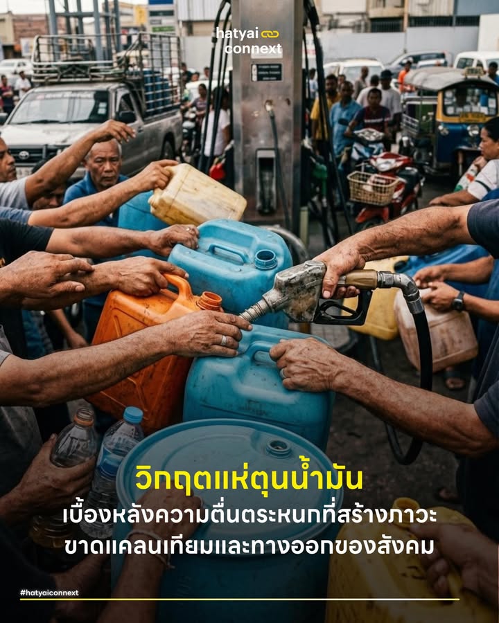 วิกฤตแห่ตุนน้ำมัน เบื้องหลังความตื่นตระหนกที่สร้างภาวะขาดแคลนเทียมและทางออกของสังคม . ภาพประชาชนนำแกลลอนและภาชนะสำรองไปต่อคิวเติมน้ำมันตามสถานีบริการกำลังสะท้อนภาวะความตื่นตระหนกที่ลุกลามอย่างรวดเร็ว ปรากฏการณ์นี้เกิดขึ้นท่ามกลางกระแสข่าวความตึงเครียดในระดับภูมิภาคตะวันออกกลางที่อาจส่งผลต่อราคาพลังงานโลก พฤติกรรมการกักตุนเชื้อเพลิงในระดับบุคคลกำลังสร้างแรงกระเพื่อมมหาศาลต่อระบบเศรษฐกิจและความมั่นคงของระบบโลจิสติกส์ในภาพรวม . #จิตวิทยาความกลัวและพฤติกรรมกลุ่ม สาเหตุหลักของปรากฏการณ์นี้สามารถอธิบายได้ด้วยเศรษฐศาสตร์พฤติกรรม เมื่อผู้บริโภคเผชิญกับความไม่แน่นอนของสถานการณ์ก็มักจะแสดงการแห่ตามกัน การตัดสินใจแห่ซื้อสินค้าไม่ได้เกิดจากการขาดแคลนจริงในหน้างาน ความคิดนี้ก่อตัวจากความกลัวว่าในอนาคตทรัพยากรจะมีราคาแพงขึ้นหรือหาซื้อไม่ได้ การเห็นภาพคนอื่นทำพฤติกรรมเดียวกันผ่านสื่อสังคมออนไลน์ยิ่งเร่งปฏิกิริยาให้เกิดการกักตุนอย่างรุนแรงยิ่งขึ้น . #วิกฤตอุปทานและผลกระทบระดับชาติ การดึงทรัพยากรจำนวนมหาศาลออกจากระบบอย่างฉับพลันสร้างผลกระทบลูกโซ่ ในหลักการจัดการห่วงโซ่อุปทาน ความต้องการที่พุ่งสูงผิดปกติทำให้อุปสงค์และอุปทานเสียสมดุล สถานีบริการน้ำมันในพื้นที่เกิดภาวะขาดแคลนเทียม รถยนต์ขนส่งสินค้าหรือผู้ที่ต้องการใช้น้ำมันเพื่อการสัญจรจริงไม่สามารถเข้าถึงพลังงานได้ ปัจจัยนี้ย้อนกลับมาทำลายระบบโลจิสติกส์ระดับชาติและส่งผลต่อเนื่องให้ราคาสินค้าอุปโภคบริโภคจำเป็นต้องปรับตัวสูงขึ้นตามต้นทุนแฝงที่เพิ่มมา . #ทางออกร่วมและการรับมือของผู้ประกอบการ การแก้ปัญหานี้ต้องอาศัยกลไกการเปลี่ยนกรอบความคิดของผู้คนจากความมุ่งหวังเอาตัวรอดเพียงลำพังมาสู่การร่วมมือกัน ภาครัฐและหน่วยงานที่เกี่ยวข้องต้องสื่อสารข้อมูลปริมาณสำรองน้ำมันอย่างโปร่งใสเพื่อลบความหวาดระแวง ผู้ประกอบการสถานีบริการน้ำมันมีบทบาทสำคัญยิ่งในการเป็นแนวหน้าปะทะปัญหา เจ้าของกิจการสามารถออกมาตรการกำหนดโควตาการเติมน้ำมันต่อคันอย่างชัดเจน การปฏิเสธการเติมเชื้อเพลิงลงในภาชนะที่ไม่ได้รับรองมาตรฐานความปลอดภัยคือมาตรการขั้นเด็ดขาดที่ช่วยสกัดกั้นการกักตุนพร้อมกับป้องกันความเสี่ยงด้านอัคคีภัยในชุมชนไปในคราวเดียวกัน . อ้างอิง - Akerlof G A & Shiller R J (2009) Animal Spirits How Human Psychology Drives the Economy __ #HatyaiConnext #กักตุนน้ำมัน #วิกฤตพลังงาน #เศรษฐศาสตร์พฤติกรรม #ความมั่นคงทางพลังงาน #ซัพพลายเชนhatyaiconnext